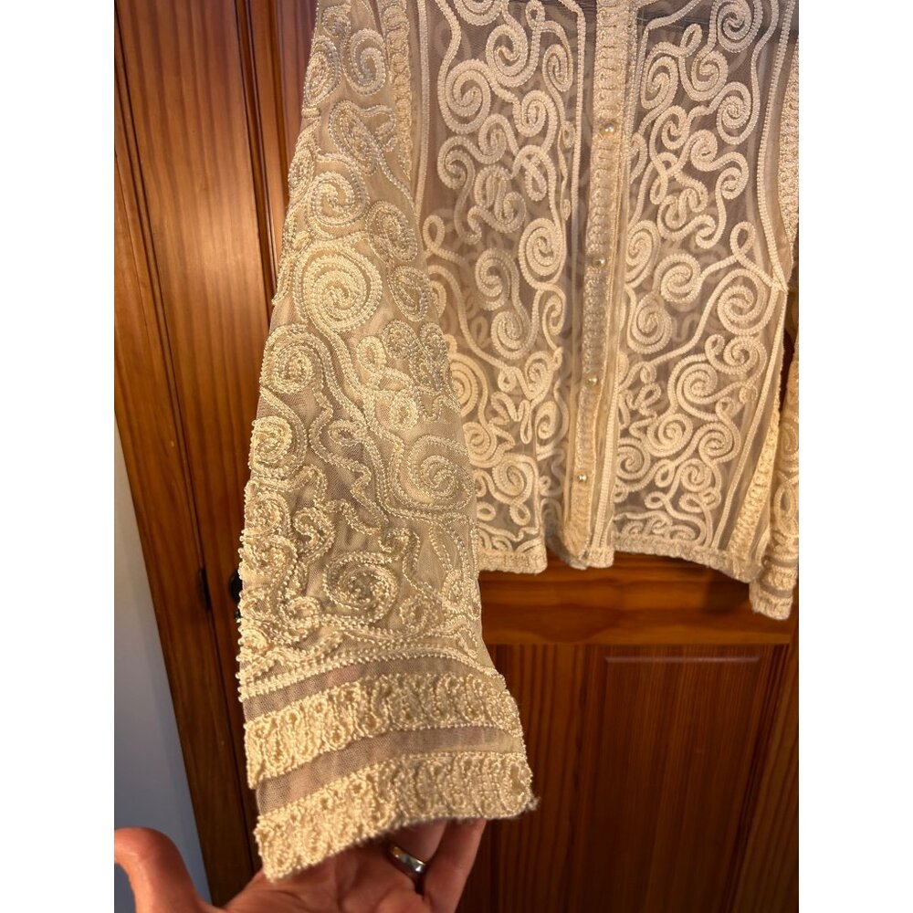 Vintage Womens XL Cardigan Ivory Embroidered Ornate Detailing Button-up Sheer - Picture 4 of 11